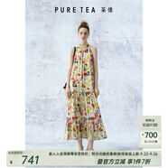 茶·愫（PURE TEA）【明星同款】puretea茶愫掛脖連衣裙女緞面雪紡印花長(zhǎng)裙2024夏新 米白 S