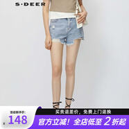 S.DEER圣迪奧女裝夏季時(shí)尚個(gè)性破洞毛邊插袋A字牛仔短褲S23280902 中藍/64 S 160