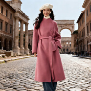 拉夏貝爾手工定制綿羊毛呢大衣女雙面呢2025秋冬新款中長款過膝收腰寬松版 玫紅色 女神首選 L 收腰寬松版卡碼往小拍