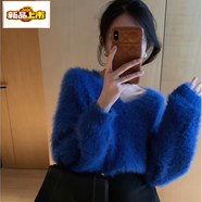 初徑克萊因藍(lán)水貂絨毛衣女復(fù)古寬松百搭慵懶風(fēng)V領(lǐng)馬海毛絨針織衫 藍(lán)色 S