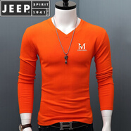 JEEP SPIRIT秋冬季V領(lǐng)長袖男T恤純棉保暖秋衣百搭純色打底衫上衣潮流體恤 橙色 M 【100斤左右穿】