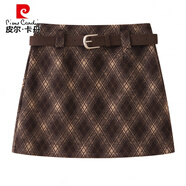 皮爾卡丹（pierre cardin）復古格紋毛呢半身裙女2025新款秋冬季小個(gè)子辣妹高腰a字包臀短裙 咖色 配腰帶 S