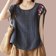 RGPX夏季亞麻女裝棉質(zhì)短袖t恤高端棉麻襯衫女寬松大碼中年媽媽裝上衣 藏青色 2XL 【建議130-145斤內】