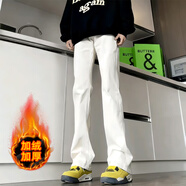 迪伽達 白色牛仔褲男士寬松秋季新款美式高街高腰窄版微喇顯瘦褲子男 DFFS-752-1白色加絨 XL