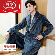 浪莎（LangSha）睡袍女秋冬法蘭絨冬季情侶浴袍男長(cháng)款珊瑚絨晨袍新款睡裙加厚睡衣 F2016湖藍 睡袍+褲子 3XL