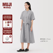 無印良品（MUJI）女式 涼感 短袖襯衫連衣裙女裝裙子純棉25年夏季長裙涼感物語 灰色條紋 M (160/84A)
