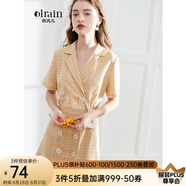 Olrain歐芮兒女裝格子連衣裙中長款西裝領(lǐng)雪紡女法式復(fù)古裙赫本風(fēng)桔梗裙 黃格 S 155/80A