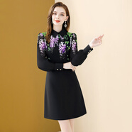 歐迪鳥（ODYBIRD）時尚翻領(lǐng)印花連衣裙女2025秋季新款氣質(zhì)顯瘦小個子中長a字裙 黑色 S