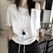 森馬（Semir）今年流行女裝斜肩短袖T恤夏季2025新款大碼寬松減齡顯瘦露肩上衣 白色(純色款) L