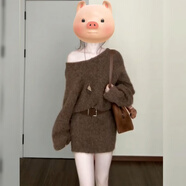 天啟世紀美拉德風(fēng)棕色慵懶風(fēng)斜肩裙裙女秋冬顯瘦小個(gè)子 棕色 含腰帶 S