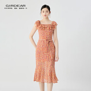 哥弟（GIRDEAR）女裝2025新款荷葉邊領口開叉造型連衣裙（附腰帶）150025 活力橙 XL (5碼)