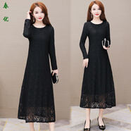 芭瑾圖加絨加厚長(cháng)袖蕾絲連衣裙秋冬女遮肚大碼中長(cháng)款打底衫過(guò)膝a字長(cháng)裙 138黑色(薄款袖子鏤空) M