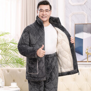 軒朵淇睡衣男士冬季加厚加絨珊瑚絨三層夾棉法蘭絨爸爸中老年家居服套裝 C9908#黑灰色男【拉鏈款】 L (100-125斤)三層加厚