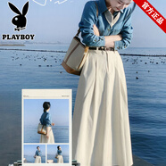 花花公子（PLAYBOY）秋裝搭配一整套大碼胖mm復古氣質(zhì)藍色牛仔襯衫襯衣a字半身裙套裝 牛仔襯衫 【送絲巾】 L 【建議100-120斤】