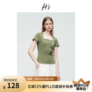 H's深U領(lǐng)T恤女25夏新款設計感法式包肩高支密薄款親膚短袖上衣 橄欖綠 L