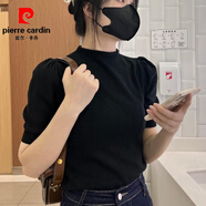 皮爾卡丹（pierre cardin）2025春夏季新款半高領(lǐng)針織衫女短袖純色打底衫T恤法式泡泡袖上衣 黑色 L
