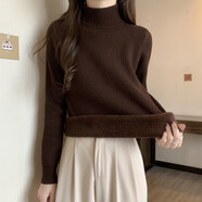 蘑菇同學(xué)加絨加厚一體絨半高領(lǐng)毛衣女秋冬胖mm大碼打底衫顯瘦內搭針織上衣 咖色 L 【建議100-120斤】