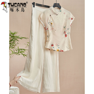 啄木鳥(niǎo)（TUCANO）新中式國風(fēng)一整套2025夏季新款盤(pán)扣上衣女搭配寬松版休閑褲兩件套 杏色上衣+杏色褲子 兩件套 L 【建議100-120斤】