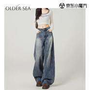 OLDER SEA復古藍高街寬松闊腿牛仔褲女秋季2025美式設計感高腰垂感彎刀褲子 復古藍 XL 建議117-128斤