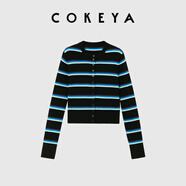 COKEYA鎮(zhèn)店精純48支美利奴羊毛條紋連帽圓領(lǐng)長(zhǎng)袖針織開衫時(shí)尚上衣女春秋 黑藍(lán)條紋 圓領(lǐng)開衫 M