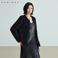 佧茜文（KAXIWEN）輕奢感外套2025秋季新款法式重工輕盈羽毛紗圓領(lǐng)上衣女黑色S