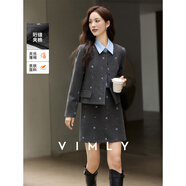 梵希蔓刺繡花朵套裝女冬季新款圓領(lǐng)外套搭半身短裙兩件套 深灰色 L