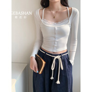 歌芭杉（GEBASHAN）品牌女裝歐美風(fēng)蕾絲拼接假兩件長袖T恤女春秋純欲風(fēng)方領(lǐng)顯瘦上衣 白色 S