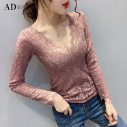ADVSUS2025秋裝新款透視V領(lǐng)蕾絲打底衫女長(cháng)袖修身性感小衫夜店風(fēng) 粉色【贈送裹胸】官方旗艦今年流 S