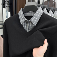 老爺車(chē)（LAOYECHE）假兩件毛衣男士秋冬襯衫領(lǐng)含羊毛長(cháng)袖針織衫保暖休閑爸爸裝打底衫 CX-RS2563黑色 4XL (190) 推薦190-210斤