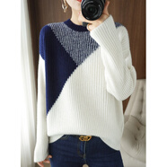 夢(mèng)特嬌（MONTAGUT）25秋冬新款時(shí)尚羊毛衫拼色圓領(lǐng)套頭毛衣寬松針織衫內搭羊毛衫 白色 S