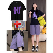 以純（YISHion）紫色速干短褲女2025新款夏季外穿工裝中褲子休閑運動(dòng)寬松六五分褲 休閑運動(dòng)套裝紫T+紫色短褲【面料升級2.0】 L 身高165-175體重100-115