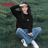 班尼路（Baleno）長(cháng)袖t恤女裝純棉打底衫女秋冬季新款秋裝卡通印花設計感上衣服3 黑#干巴Z狗K M