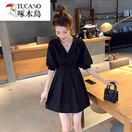 啄木鳥(niǎo)小個(gè)子收腰顯瘦氣質(zhì)冰絲連衣裙女2025新款短裙子女夏季感小黑裙 黑色 XL 建議120斤左右