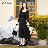 ON&ON/安乃安高密度碎花裙2025秋季韓系睫毛蕾絲圓領(lǐng)高腰顯瘦連衣裙女 黑色 S