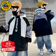 G.DUCKKIDS小黃鴨男童外套春秋季新款洋氣兒童沖鋒衣中大童男孩秋裝連帽風(fēng)衣 拼色字母灰色 150 尺碼11~12歲【140-150cm】