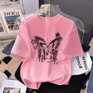 一寸相思粉色純棉短袖夏季t恤女2025新款歐貨寬松半袖體恤顯瘦夏季上衣潮 粉色-星星蝴蝶. 3XL 推薦165-180斤