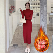 皮爾卡丹大·衣內搭連衣裙2025新款小個(gè)子黑色針織女秋冬季打底毛衣裙長(cháng)裙 酒紅色加絨 S 80-95斤