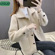 UIOJD雙面毛呢外套女2025秋冬新款韓版寬松仿水貂毛開(kāi)衫加厚短款上衣 米白色 M 95斤-110斤