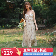 Olrain歐芮兒吊帶碎花連衣裙夏季女裝浪漫優(yōu)雅長(cháng)裙子度假沙灘裙 紫花色 XL