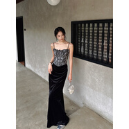 三吉黑花【敘蘭時(shí)】新中式扎染吊帶連衣裙子假兩件拼接絲絨長(cháng)裙潮 灰黑 S