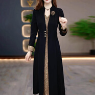 夏典素訂女王（SE.PSTP）高定精彷拼接假兩件風(fēng)衣連衣裙F秋季新款長(cháng)袖收腰顯瘦氣質(zhì)長(cháng)裙子 黑金色 2XL (建議105-120斤)