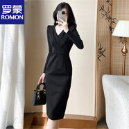 羅蒙（ROMON）官方2025新款長袖修身連衣裙輕奢高貴女神范職業(yè)裝收腰顯瘦小黑裙 優(yōu)雅黑 S