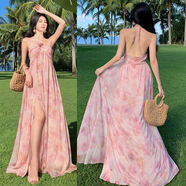 夏季馬爾代夫巴厘島海邊度假顯瘦氣質(zhì)粉紅色碎花超仙女長(cháng)裙連衣裙 粉紅色碎花9330 S S