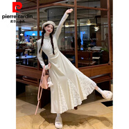 皮爾卡丹秋冬2025新款法式純欲內搭針織連衣裙女收腰顯瘦蕾絲拼接魚(yú)尾長(cháng)裙 杏色 XL