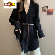 初徑不規則針織開(kāi)衫毛衣外套女款大碼胖mm顯瘦中長(cháng)款系帶收腰上衣 黑色外套+加腰帶 L 【建議100-115斤】