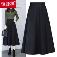恒源祥松緊腰半身裙女2025秋冬高腰大碼胖mm中長(cháng)款大擺裙毛呢A字裙長(cháng)裙 黑色【裙長(cháng)75/有口袋】 M 80-100斤