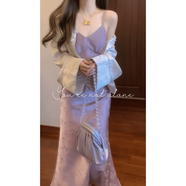 開(kāi)春搭配一整套新中式國風(fēng)外套吊帶連衣裙小香風(fēng)氣質(zhì)套裝裙女 紫色吊帶裙(【單件】) L ((建議100-120斤))