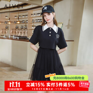 AIVEI欣賀艾薇春夏小個子學(xué)院風(fēng)T恤上衣吊帶裙兩件套R016S048 黑色 M