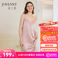 金三塔睡衣女真絲睡裙桑蠶絲蕾絲性感V領(lǐng)吊帶裙子禮物 桃盈粉 XL