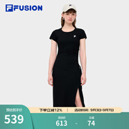 FILA FUSION斐樂潮牌女子針織連衣裙秋新款簡約修身長款裙子 正黑色-BK M